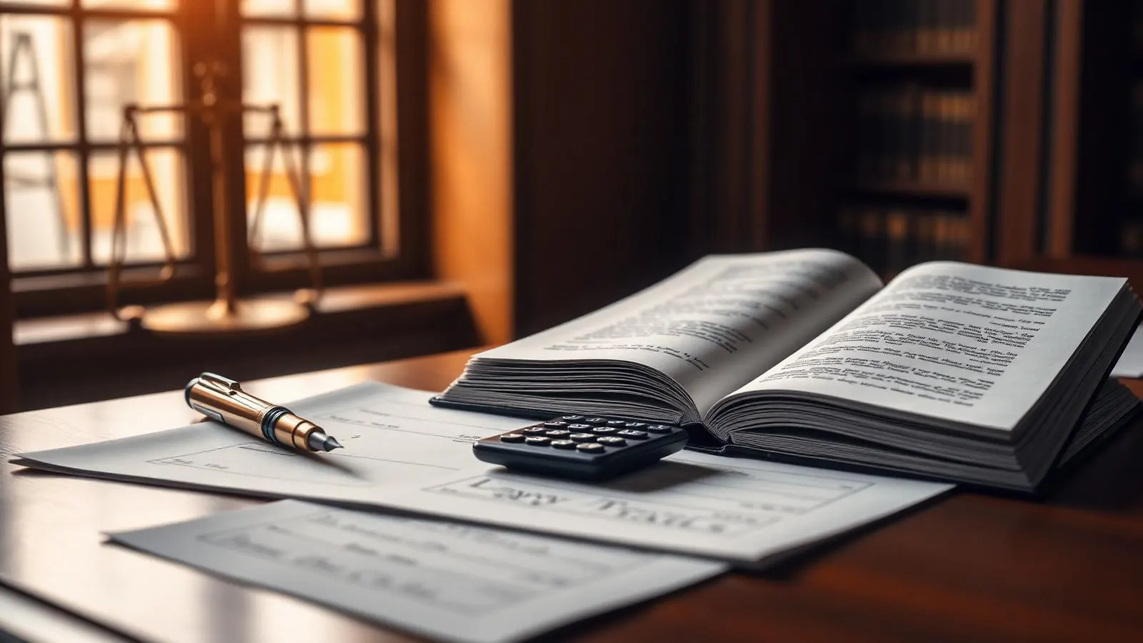 Documentos jurídicos, caneta e calculadora sobre mesa de escritório