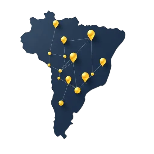 Ilustração do mapa do Brasil com pinos de localização representando atendimento nacional