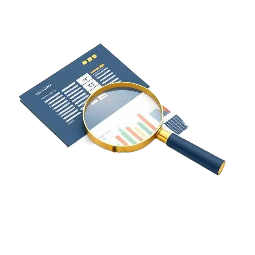 Ilustração de lupa sobre documentos técnicos representando precisão